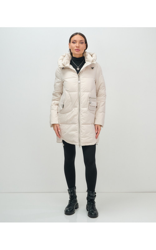 Женский зимний пуховик с капюшоном, бежевый. в Тюмени