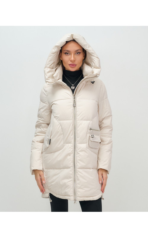 Женский зимний пуховик с капюшоном, бежевый. в Тюмени