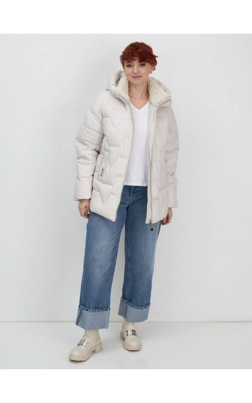 Женская зимняя куртка пуховик с эко овчины цвет бежевый в Тюмени