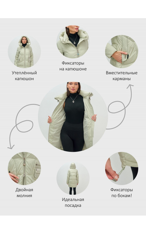 Женский модный пуховик с капюшоном салатового цвета. в Тюмени
