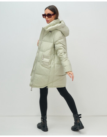 Женский модный пуховик с капюшоном салатового цвета. в Тюмени