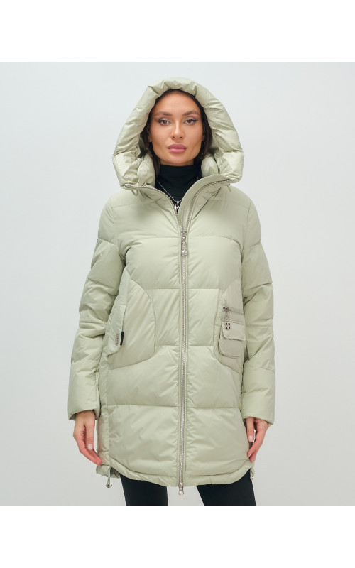 Женский модный пуховик с капюшоном салатового цвета. в Тюмени