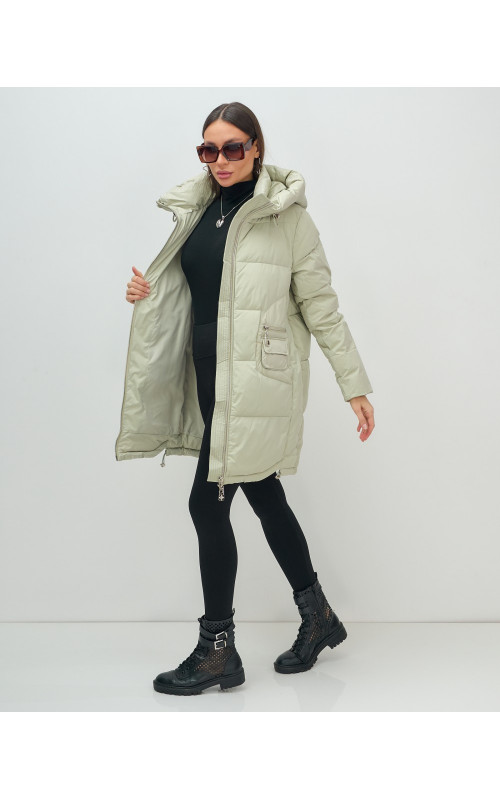 Женский модный пуховик с капюшоном салатового цвета. в Тюмени