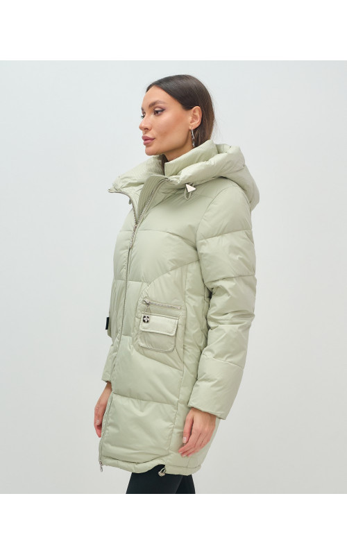 Женский модный пуховик с капюшоном салатового цвета. в Тюмени