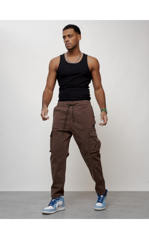 Мужские брюки карго с накладными карманами, коричневый, для повседневной носки в Тюмени