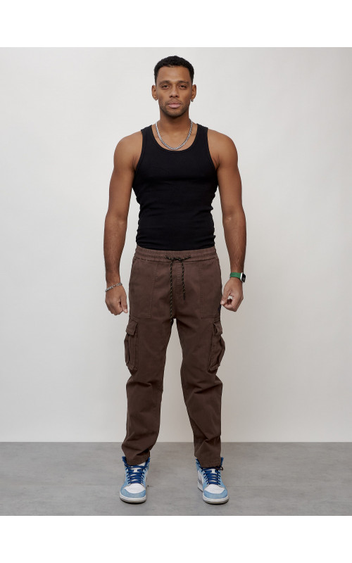 Мужские брюки карго с накладными карманами, коричневый, для повседневной носки в Тюмени